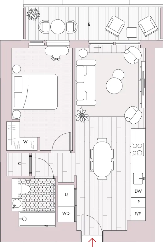 Floorplan of the one bedroom apartment