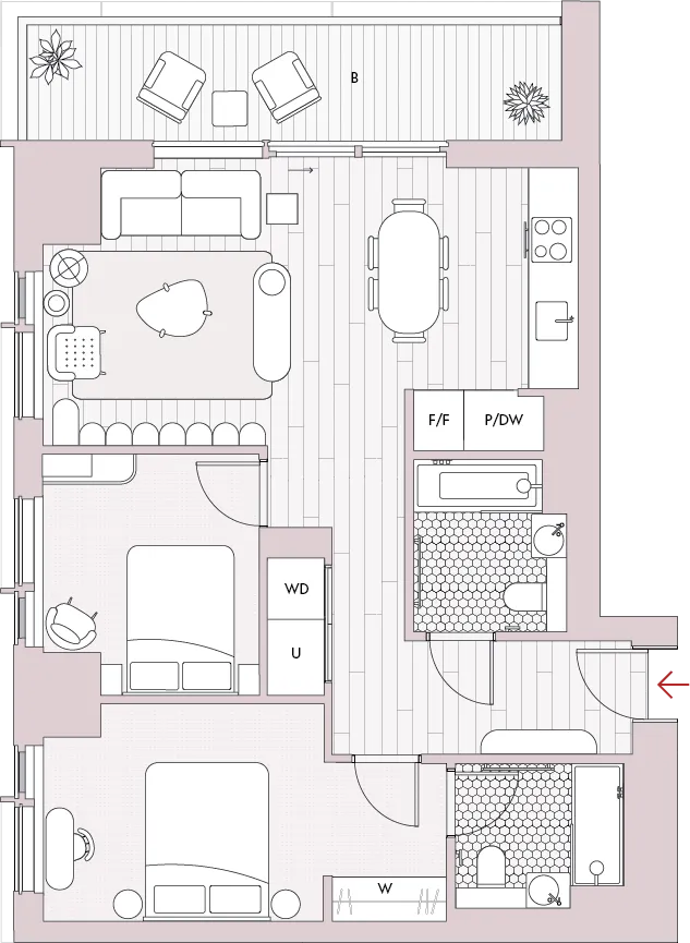 Floorplan of the two  bedroom apartment