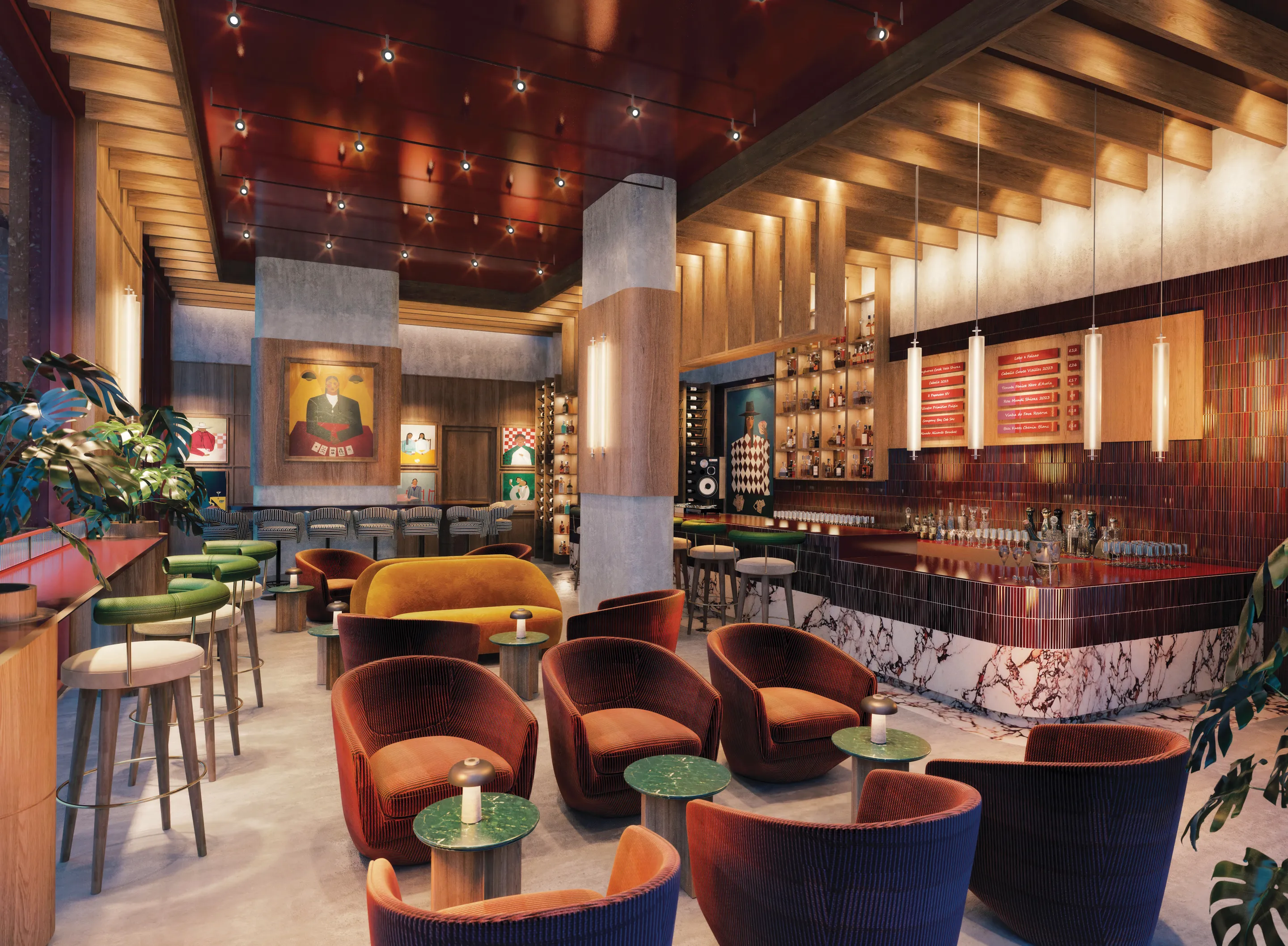 Bar lounge with velvet armchairs, marble counter and a lit spirits wall